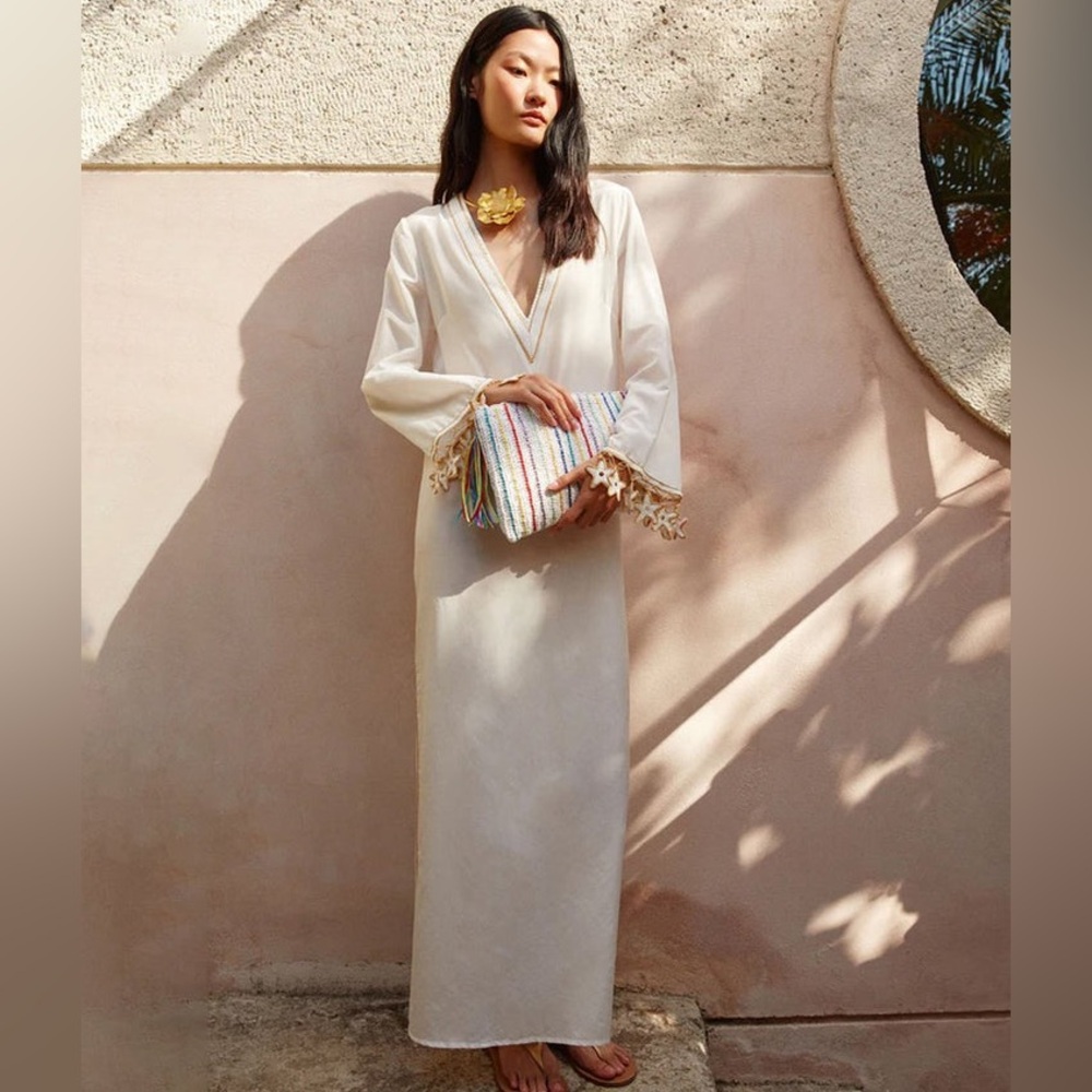 My Beachy Side Off White Plunge Maxi Dress with Starfish Detail Size Small
